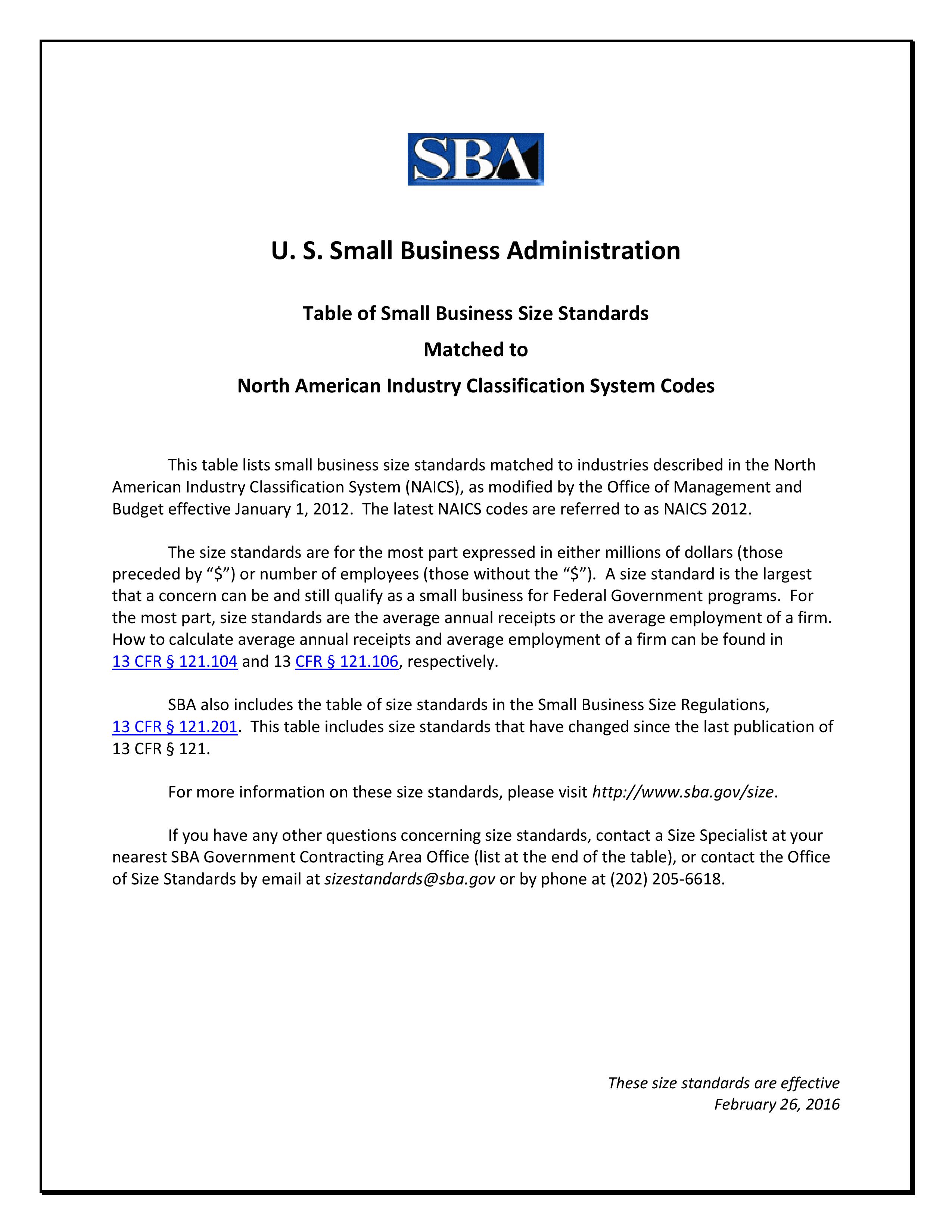 SBA Size Standards NAICS Association