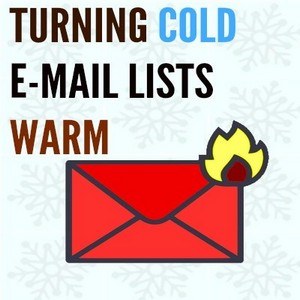Image of text "TURNING COLD E-MAIL LISTS WARM" with an illustration of a red envelope partially covered with flames. The background has a pattern of snowflakes.