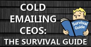 A book titled "Cold Emailing CEOs: The Survival Guide" with a cartoon character holding a guidebook.