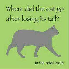 retail sector 44-45 Silhouette of a cat on a green background with the text, "Where did the cat go after losing its tail?" "to the retail store.