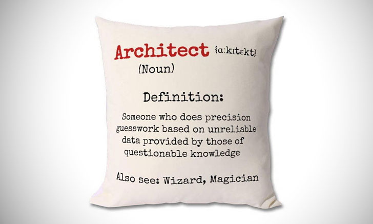 541310 architectural services2 A white pillow with a humorous printed definition of "Architect," including a phonetic pronunciation and a humorous description comparing architects to wizards and magicians.