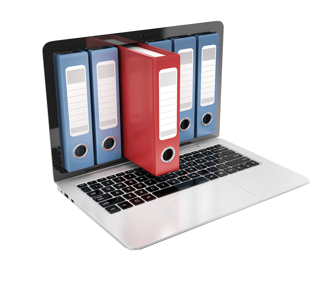kisspng-electronic-document-and-records-management-system-creative-computer-bookshelf-5a96235ce99287.3235115115197888929567 A laptop with its screen displaying several ring binders, with one red binder halfway out of the screen, representing digital file storage or management.