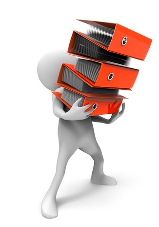 folder guy 3D figure carrying a stack of four red binders.