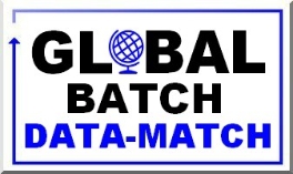 Text reads "GLOBAL BATCH DATA-MATCH" with a globe icon in place of the letter "O". Blue border with an arrow starting at the bottom left and looping clockwise to the top left.