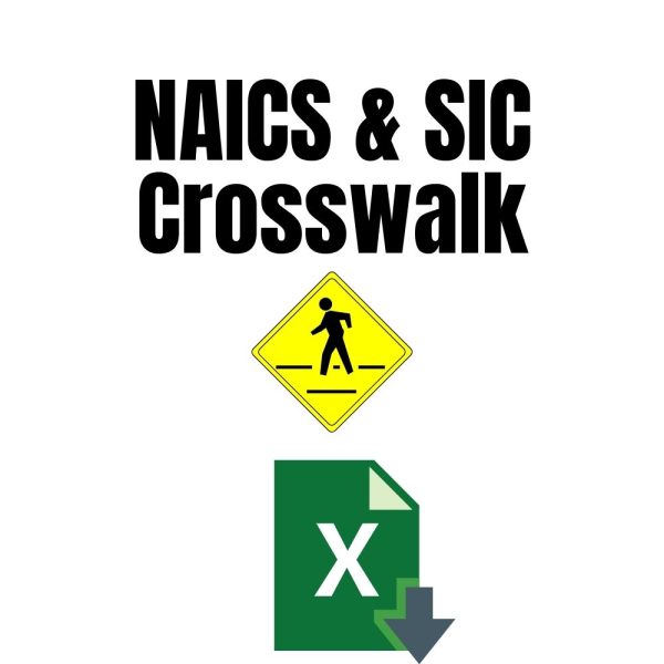 A sign reading "NAICS & SIC Crosswalk," accompanied by a pedestrian crossing symbol and an Excel file icon with a downward arrow.