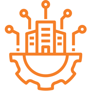 Untitled design (2) Orange icon depicting a building with circuit lines extending from it, set above a half gear.