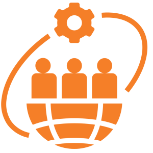 Untitled design (3) An orange icon of three people standing on a globe with a gear above them, symbolizing collaboration and global teamwork.