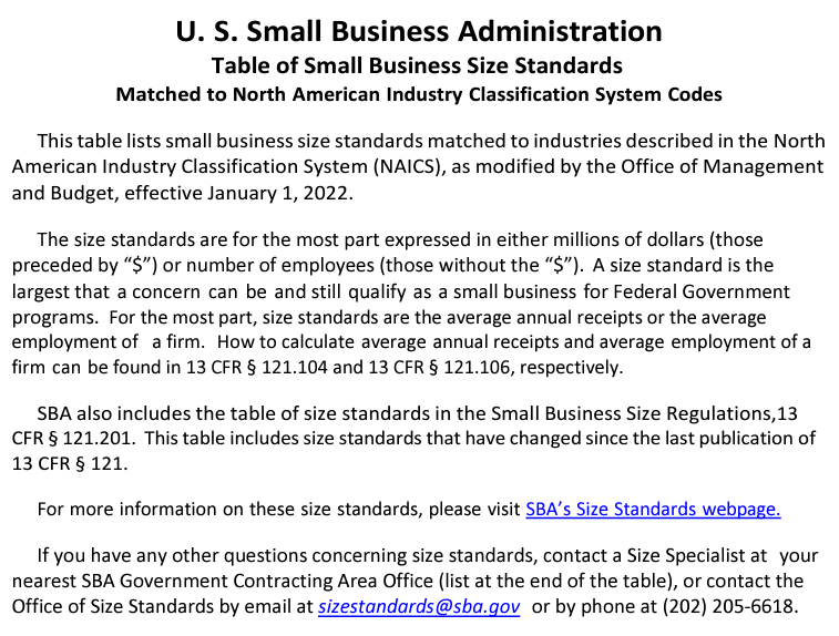 SBA Size Standards NAICS Association